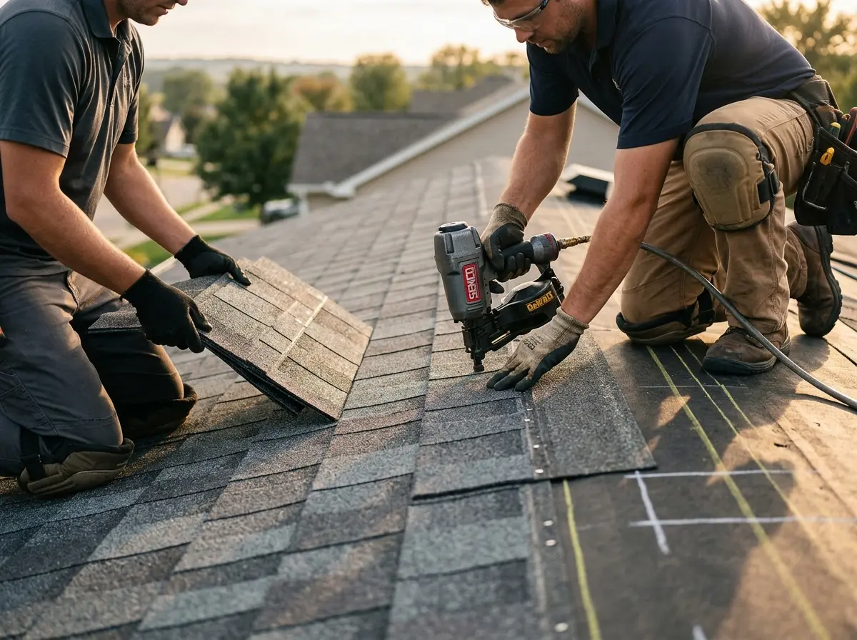 Professional roofer working on a residential roof in Norcross